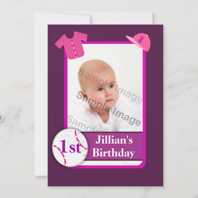 Invitation Purple Girls Photo Baseball Card Birthday Party (Devant)