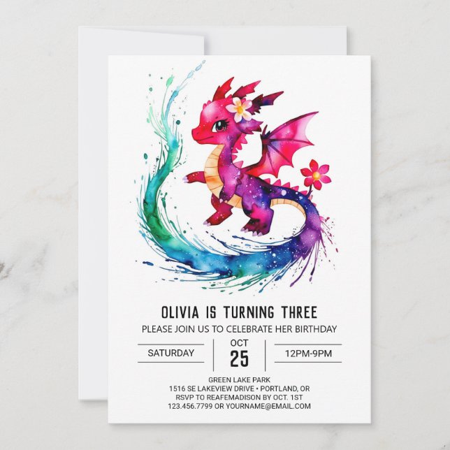 Invitation Purple Girly Dragon Digital Girl Anniversaire (Devant)