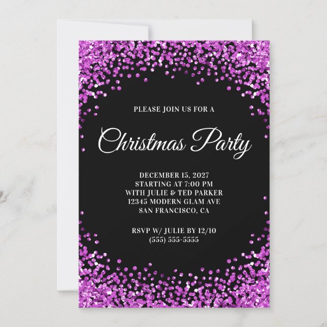 Invitation Purple Glitter Border Black Christmas Party (Devant)