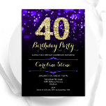 Invitation Purple Gold 40e anniversaire<br><div class="desc">40e anniversaire invitation de fête. Design élégant violet avec de l'or de parties scintillant imitation. Dispose de diamants élégants, lumières de livres et police de script. Hommes ou femmes anniversaire invitation. Idéal pour une fête d'anniversaire pour adultes. Personnalisez avec vos propres détails. Message-moi si vous avez besoin d'une personnalisation plus...</div>