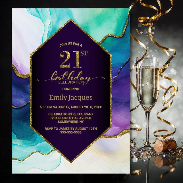 Invitation Purple Gold Agate 21e fête d'anniversaire (Créateur téléchargé)