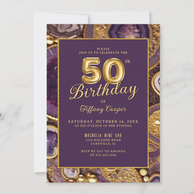 Invitation Purple Gold Agate Marbre 50e anniversaire Invitati (Devant)