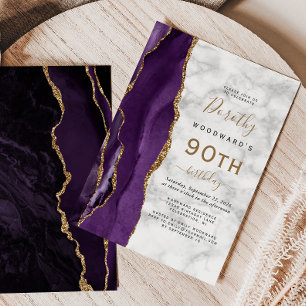 Invitation Purple Gold Agate Marbre 90e fête d'anniversaire