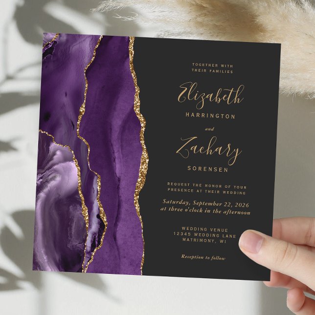 Invitation Purple Gold Agate moderne Carré foncé Mariage (Créateur téléchargé)