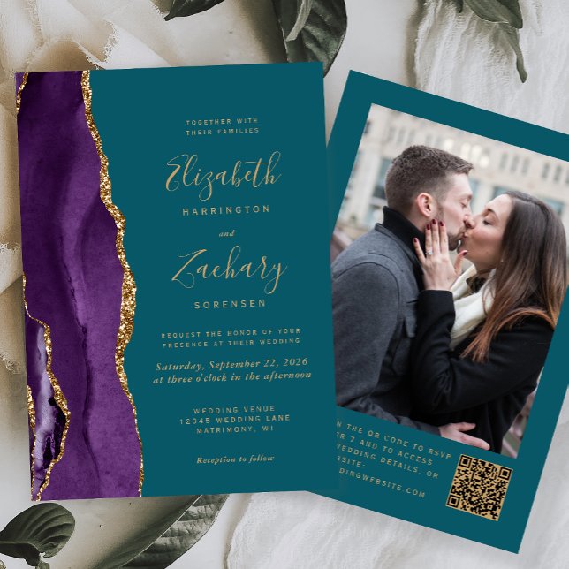 Invitation Purple Gold Agate photo Turquoise QR Code Mariage (Créateur téléchargé)