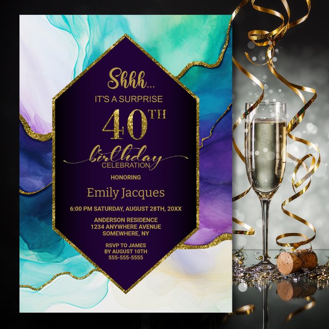 Invitation Purple Gold Agate Surprise 40e fête d'anniversaire (Créateur téléchargé)