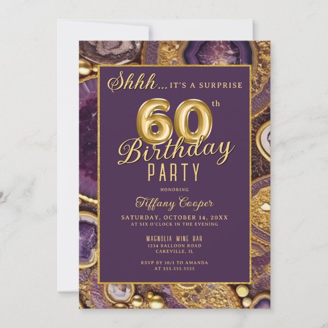 Invitation Purple Gold Agate Surprise 60e fête d'anniversaire (Devant)