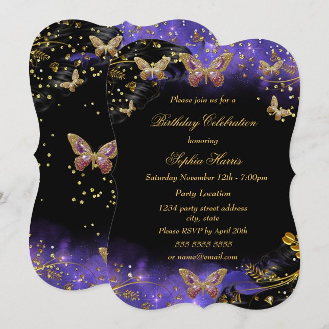 Invitation Purple Gold Black Butterfly Sparkle fête d'anniver (Devant / Derrière)