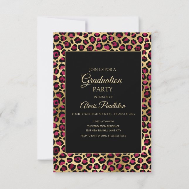 Invitation Purple Gold Black Leopard Cheetah Graduation Party (Devant)