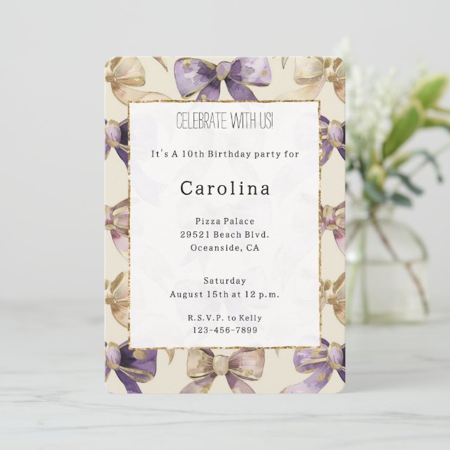 Invitation Purple Gold Bows Anniversaire (Debout devant)