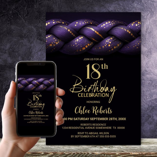 Invitation Purple Gold Braid 18e fête d'anniversaire (Créateur téléchargé)