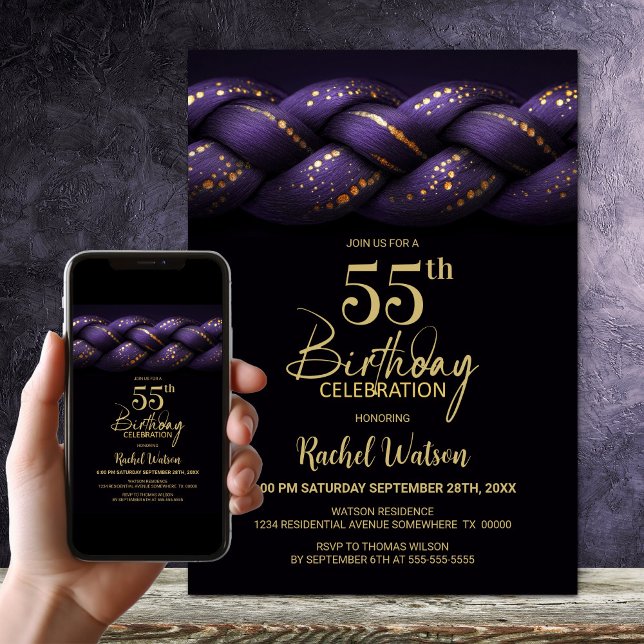 Invitation Purple Gold Braid 55e fête d'anniversaire (Créateur téléchargé)