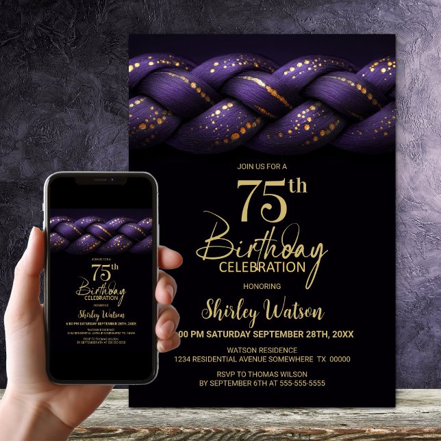 Invitation Purple Gold Braid 75e fête d'anniversaire (Créateur téléchargé)