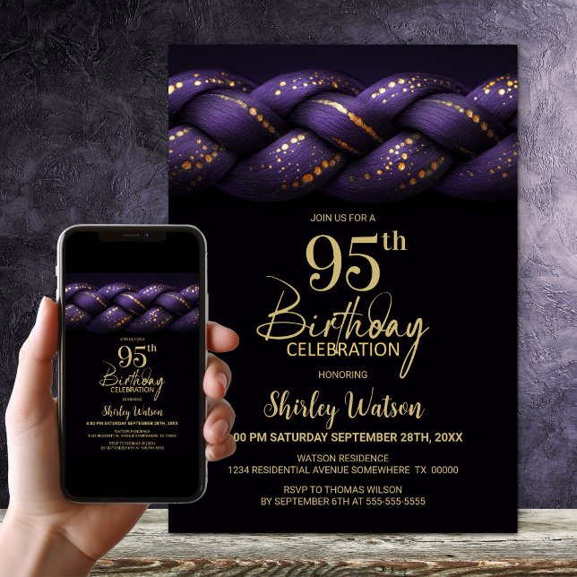 Invitation Purple Gold Braid 95e fête d'anniversaire (Créateur téléchargé)