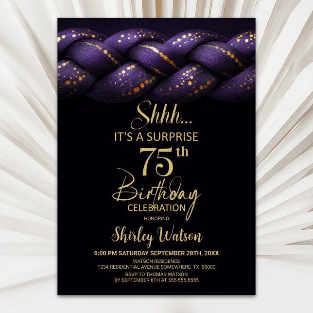 Invitation Purple Gold Braid Surprise 75e fête d'anniversaire (Créateur téléchargé)