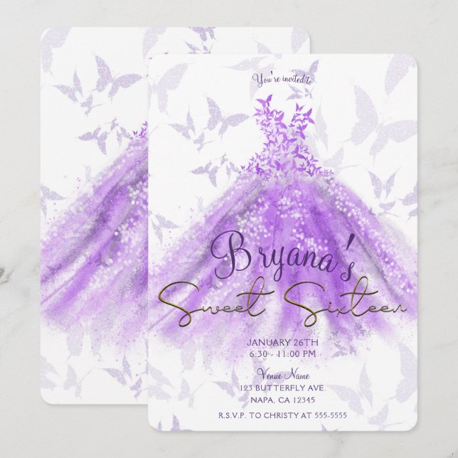 Invitation Purple Gold Butterfly Dance robe sucré 16 Partie (Devant / Derrière)