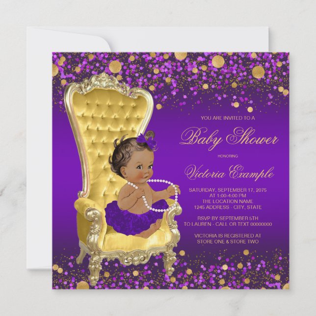 Invitation Purple Gold Chaise Ethnic Ballerina Baby shower (Devant)