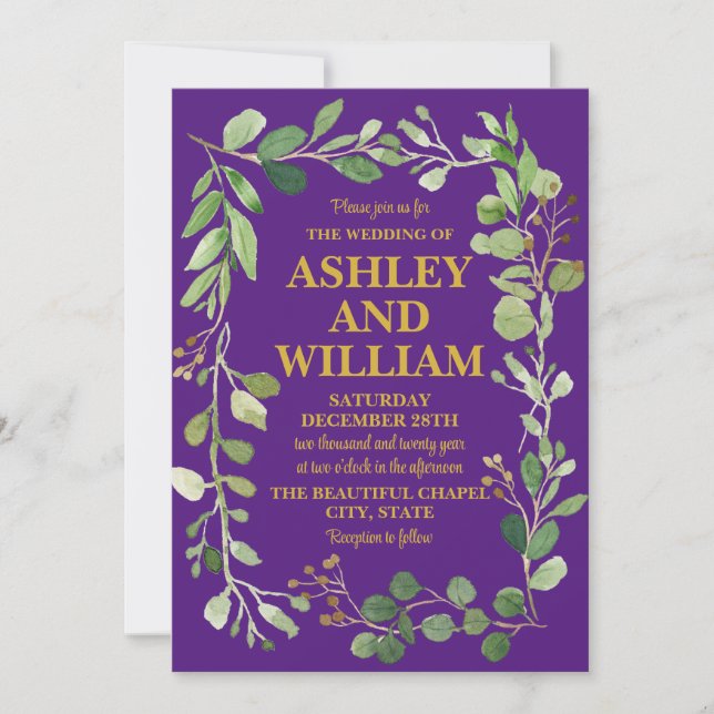 Invitation Purple & Gold Chic Vert Boho Mariage bohème (Devant)