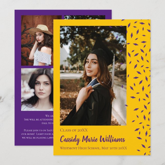 Invitation Purple Gold Confetti Graduation Announcement (Devant / Derrière)