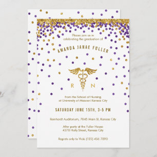 Invitation Purple & Gold Confetti Infirmière Graduation Invit