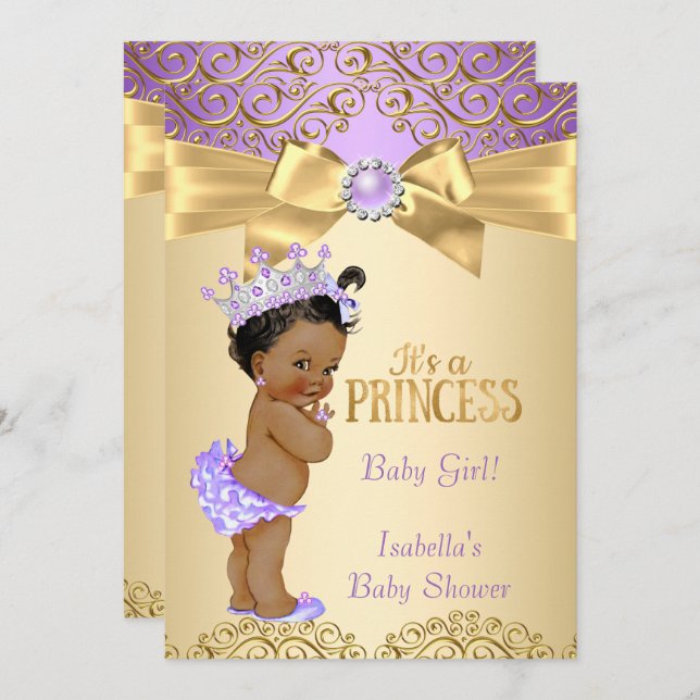 Invitation Purple Gold Damask Princess Baby shower ethnique (Devant / Derrière)