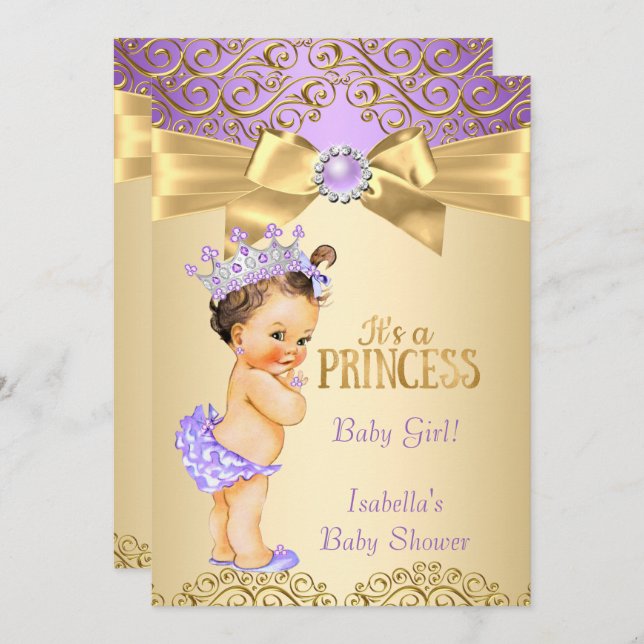Invitation Purple Gold Damask Princesse Baby shower Brunette (Devant / Derrière)