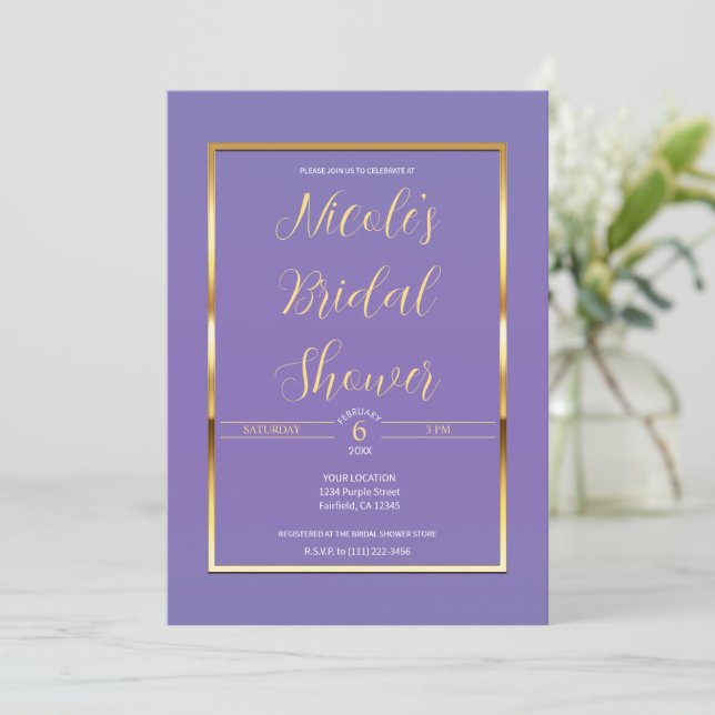 Invitation Purple & Gold Elegant Fête des mariées de glam mod (Debout devant)