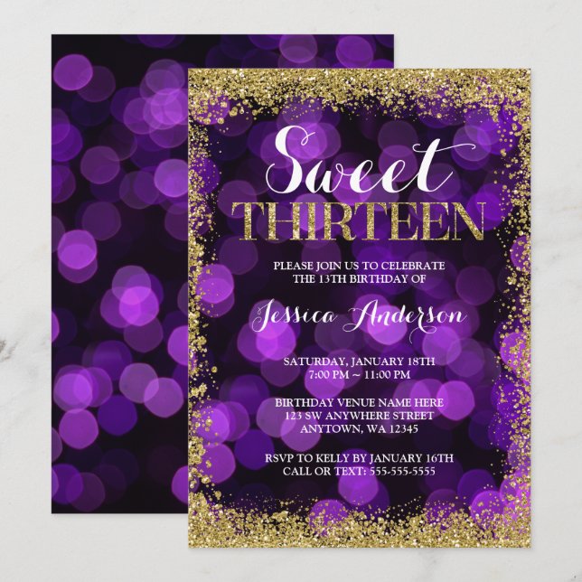 Invitation Purple Gold Faux Parties scintillant Lumières doux (Devant / Derrière)