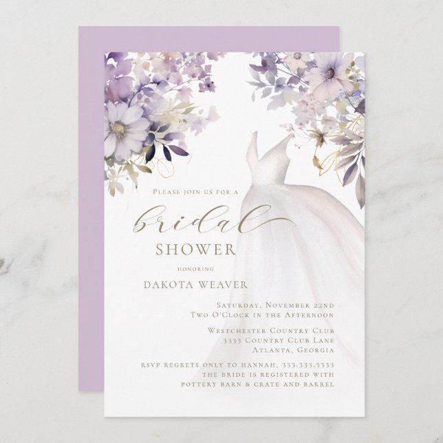 Invitation Purple Gold Fête des mariées de robe Mariage (Devant / Derrière)