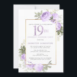 Invitation Purple Gold Floral 19e anniversaire Surprise Party<br><div class="desc">Faites honneur à une femme spéciale grâce à cette invitation à la fête surprise du 19e anniversaire, élégante et féminine. Le 19ème est écrit en gros texte violet. Anniversaire Surprise Party suit. Le nom de l'invité honoré est également en lettres majuscules violettes. Le reste du texte est doucement gris colombe....</div>
