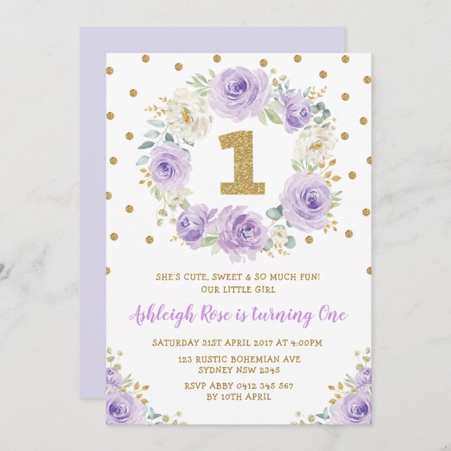 Invitation Purple Gold Floral 1er anniversaire Wild One Party (Devant / Derrière)