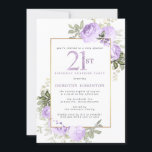 Invitation Purple Gold Floral 21e anniversaire Surprise Party<br><div class="desc">Faites honneur à une femme spéciale avec cette invitation de fête surprise 21e anniversaire, élégante et féminine. 21e est écrit en gros texte violet. Anniversaire Surprise Party suit. Le nom de l'invité honoré est également en lettres majuscules violettes. Le reste du texte est doucement gris colombe. Les détails de la...</div>
