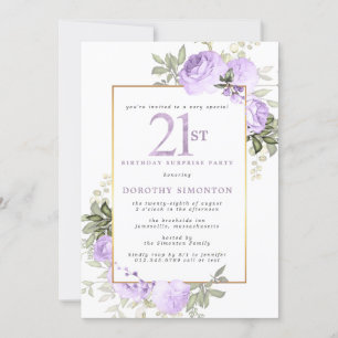 Invitation Purple Gold Floral 21e anniversaire Surprise Party