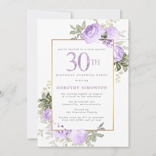 Invitation Purple Gold Floral 30e anniversaire Surprise Party (Devant)