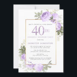 Invitation Purple Gold Floral 40e anniversaire Surprise Party<br><div class="desc">Honorer une femme spéciale avec cette invitation à la fête surprise du 40e anniversaire, élégante et féminine. La 40ème est écrite en gros texte violet. Anniversaire Surprise Party suit. Le nom de l'invité honoré est également en lettres majuscules violettes. Le reste du texte est doucement gris colombe. Les détails de...</div>