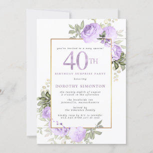 Invitation Purple Gold Floral 40e anniversaire Surprise Party