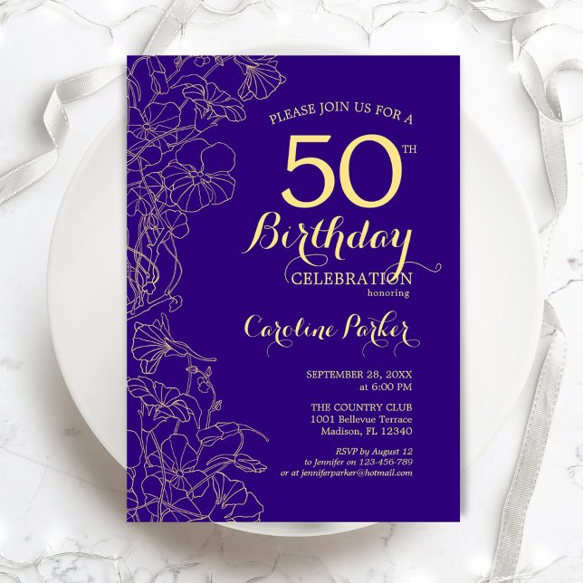 Invitation Purple Gold Floral 50e fête d'anniversaire (Créateur téléchargé)