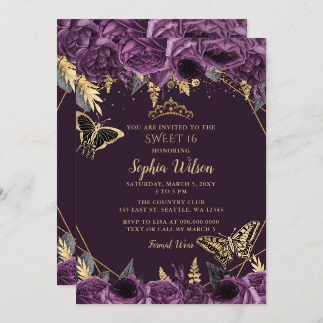 Invitation Purple Gold Floral Butterfly Sweet 16 (Devant / Derrière)