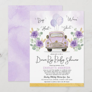 Invitation Purple Gold Floral Drive Par Baby shower Parade