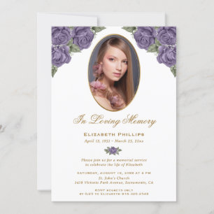 Invitation Purple Gold Floral Photo Memorial Service