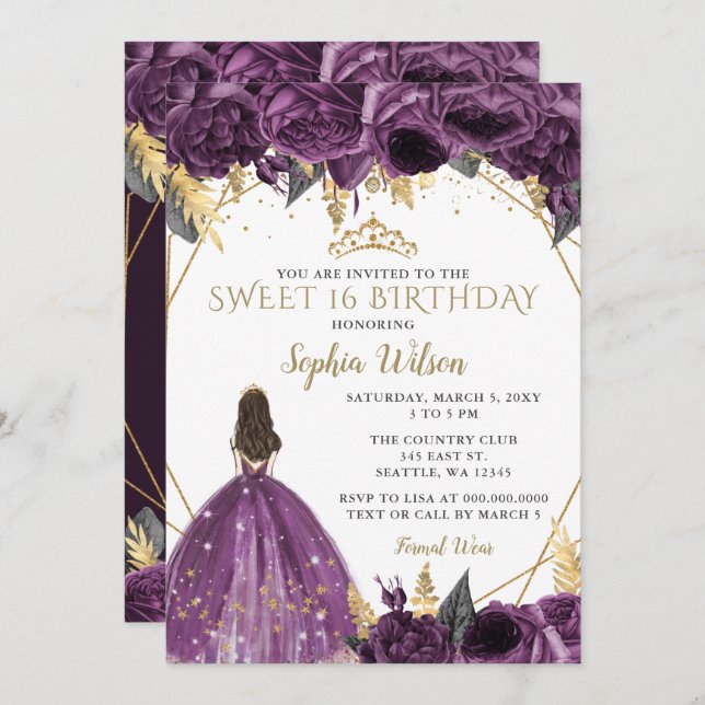 Invitation Purple Gold Floral Princess Sweet 16 (Devant / Derrière)