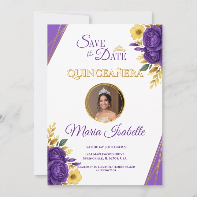 Invitation Purple & Gold Floral Quinceañera Enregistrer la da (Devant)