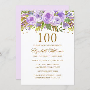 Invitation Purple Gold Floral Rose 100e anniversaire