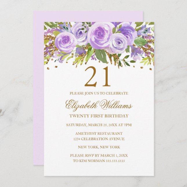 Invitation Purple Gold Floral Rose 21e anniversaire (Devant / Derrière)