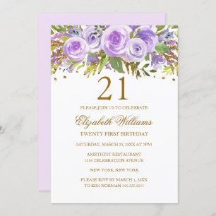 Invitation Purple Gold Floral Rose 21e anniversaire
