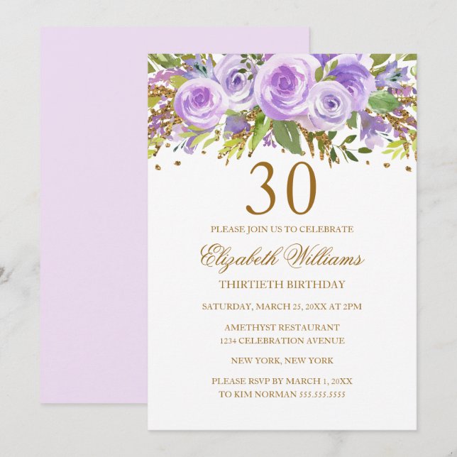 Invitation Purple Gold Floral Rose 30e anniversaire (Devant / Derrière)