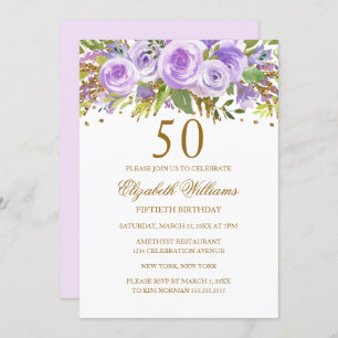 Invitation Purple Gold Floral Rose 50e anniversaire