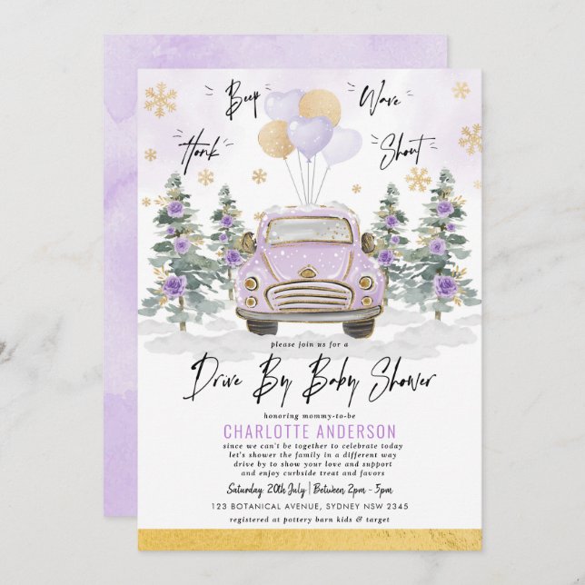 Invitation Purple Gold Floral Winter Drive Par Baby shower (Devant / Derrière)