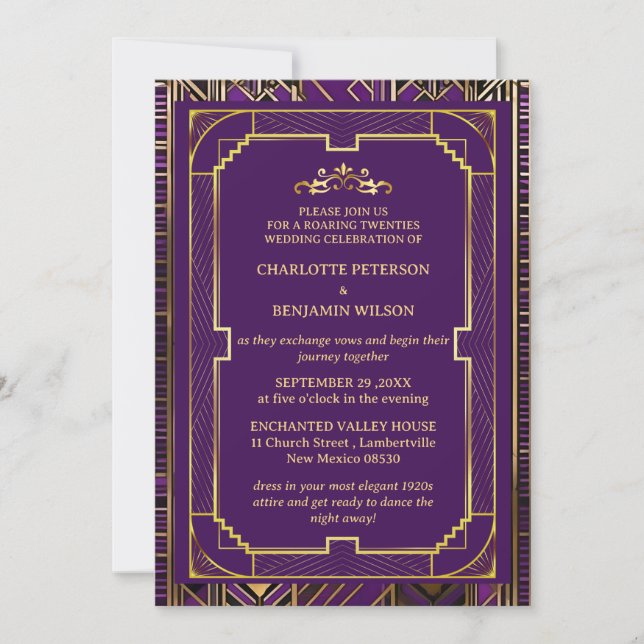 Invitation Purple & Gold Gatsby Art Déco Mariage des années 1 (Devant)