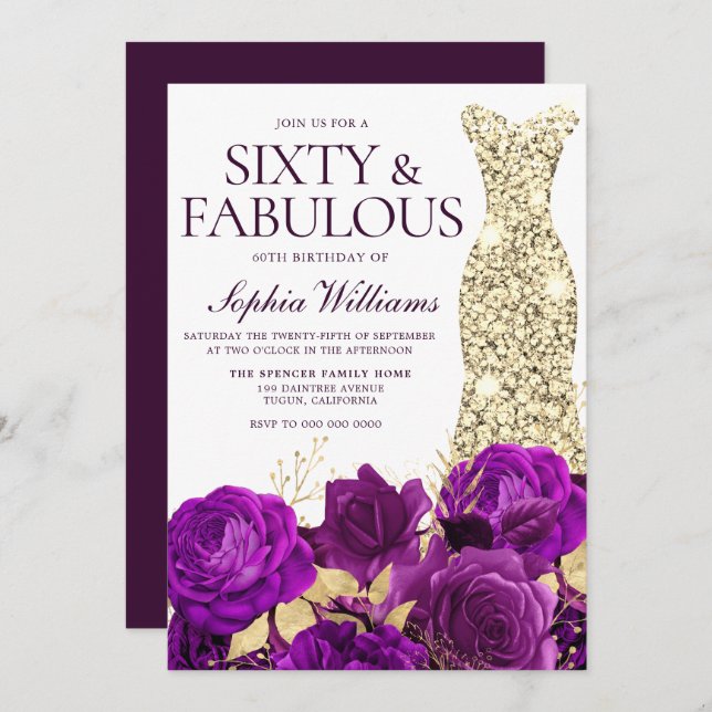 Invitation Purple & Gold Gown 60e fête d'anniversaire (Devant / Derrière)